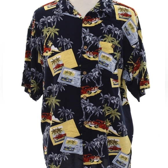 Vintage 80s 2XL Knightsbridge Hawaiian Aloha Vintage Cars and Palms Shirt - Picture 2 of 5